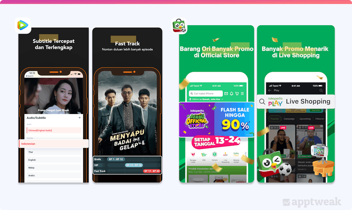 英语单词不仅用于屏幕截图的标题中,而且还在印度尼西亚的应用内屏幕截图内显示