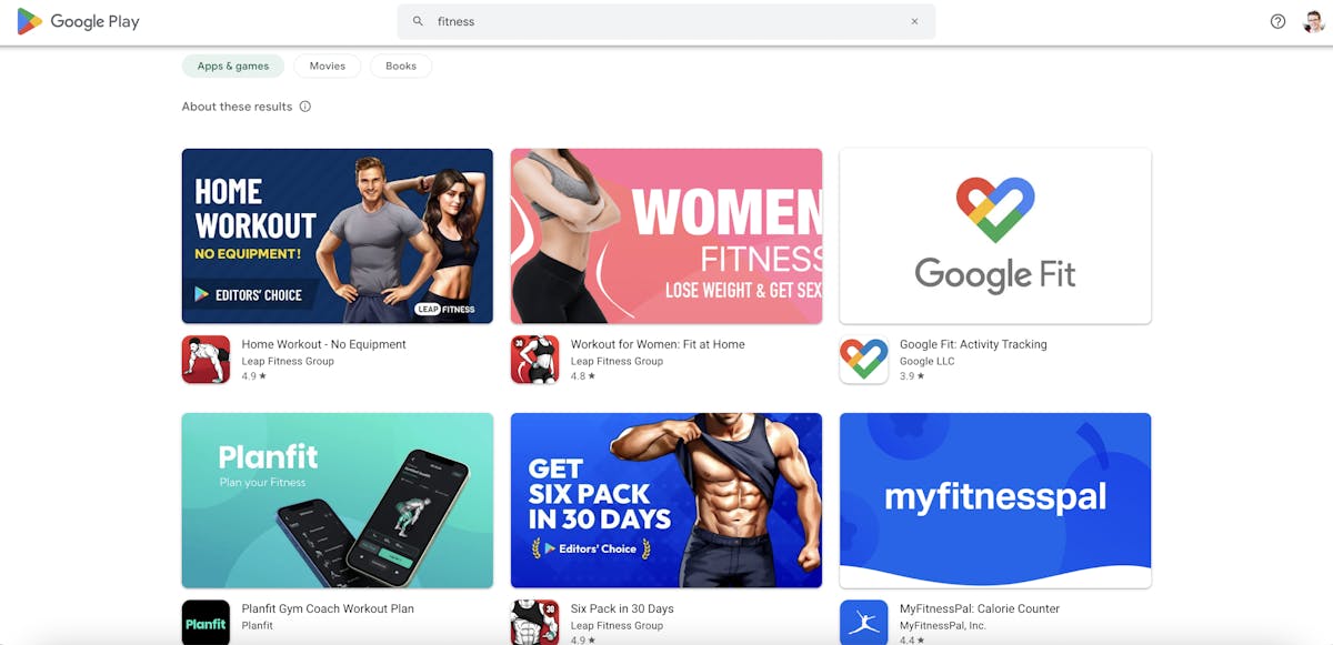 コンピュータでのキーワード「fitness」に対するGoogle Play検索結果ページのスクリーンショット