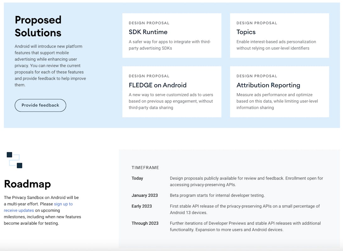 Androidプライバシーサンドボックスの展開のためのGoogleのタイムラインのスクリーンショット