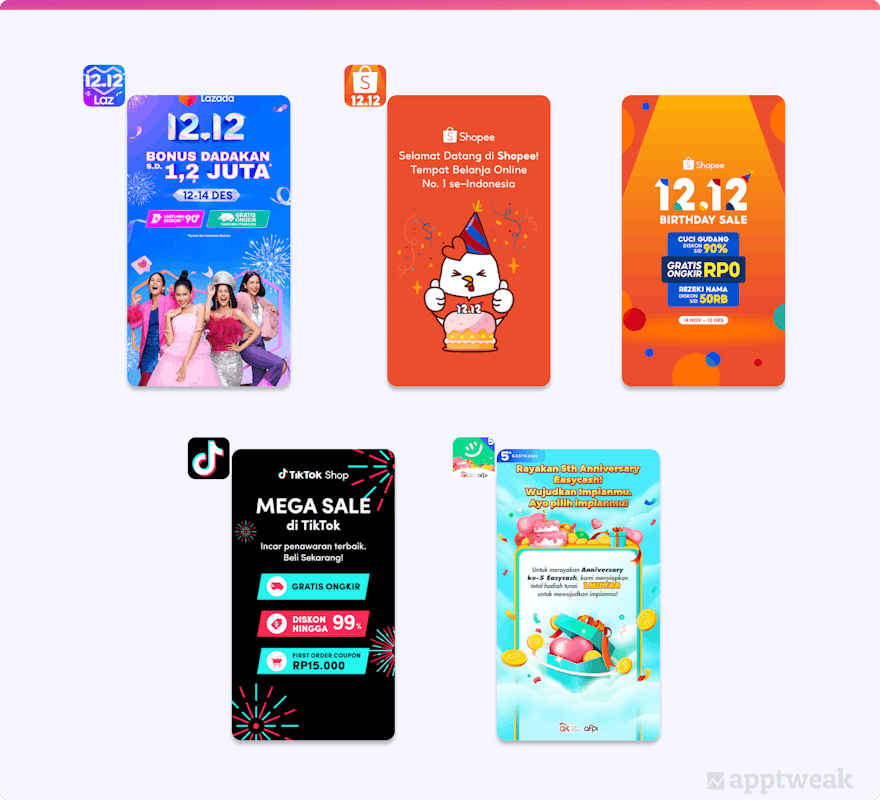 印度尼西亚应用前几张屏幕截图中的促销和社会证明示例