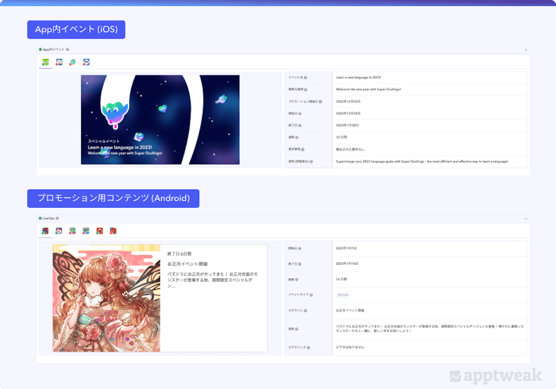 Example of in-app events and promotional content on AppTweak
