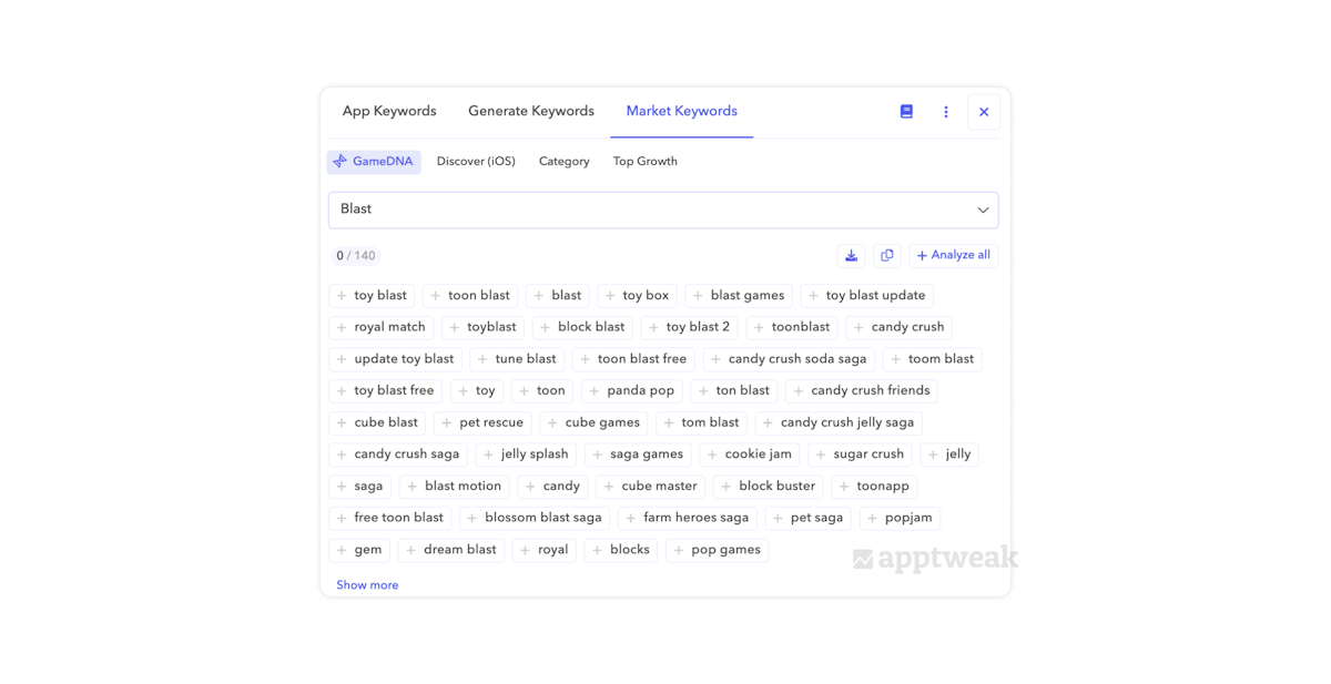 AppTweak GameDNA keyword suggestions for the “blast” DNA (Enterprise only)