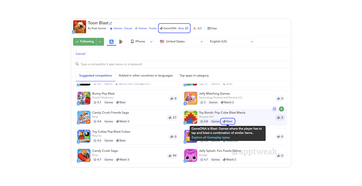 AppTweak GameDNA competitor suggestions