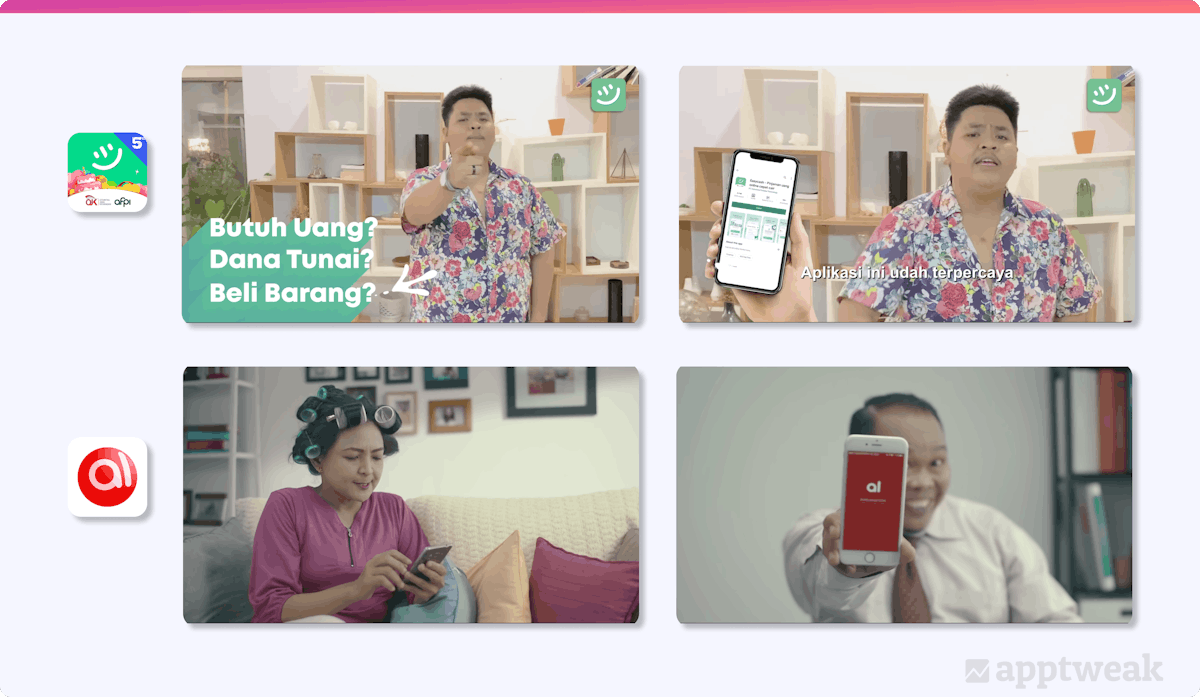 Screenshots of promotional videos in Indonesian app market showing actors promoting the use of the app