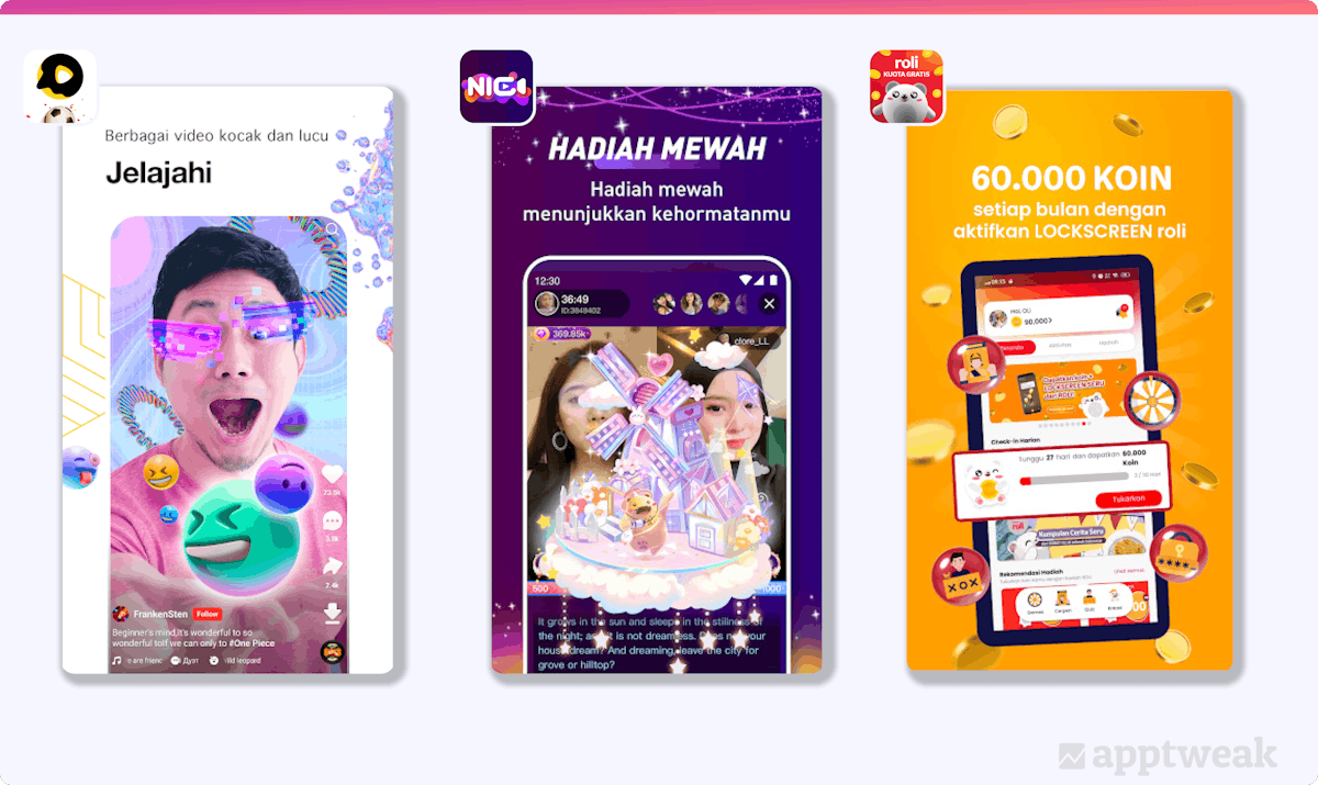 Examples of Indonesia app screenshots with floating 3D elements in them