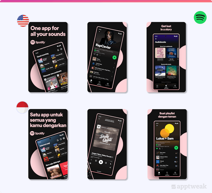Spotify screenshots in the US vs Indonesia that showcase different content
