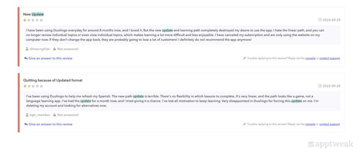 negative reviews for Duolingo in September 2022 on the US App Store