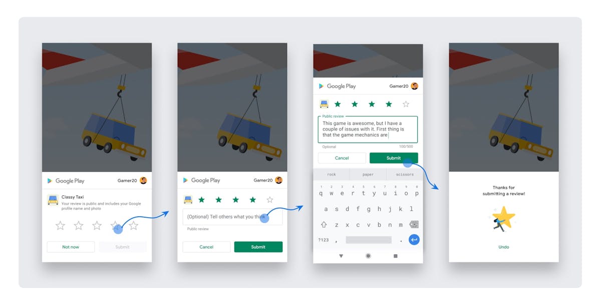 Google example of the user flow when triggering a rating prompt in game