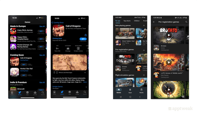 Sección Próximamente de la App Store y sección Juegos de preinscripción de Google Play