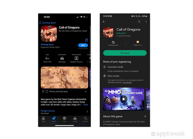 Call of Dragons preordenar/registrar páginas de listado de tiendas en Google Play y App Store