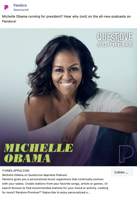 팟캐스트 에피소드를 선보이는 2018년 12월 Meta의 Pandora 캠페인