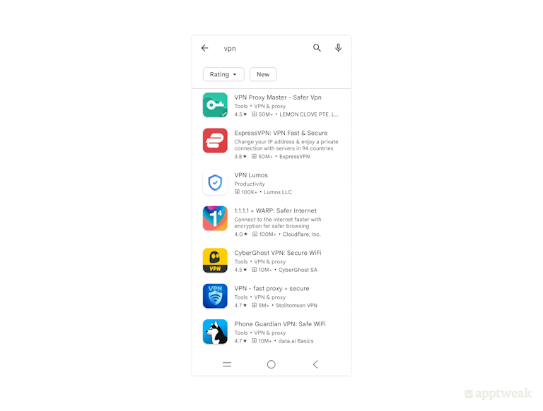 View of Android search results showing app short descriptions