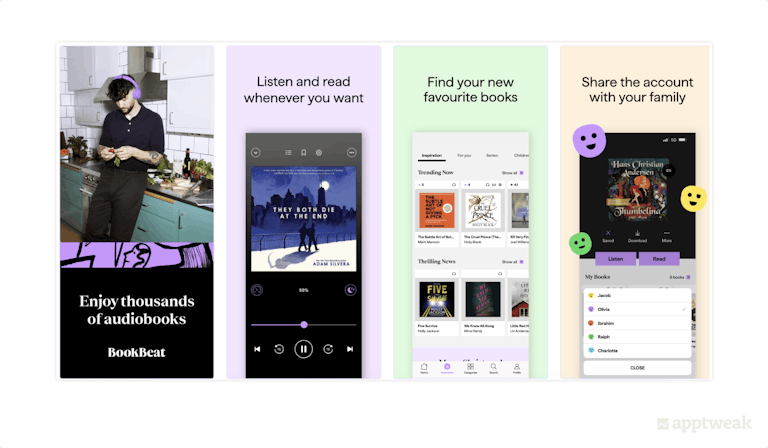BookBeat in the US App Store features screenshots to show popular audiobooks in the US market