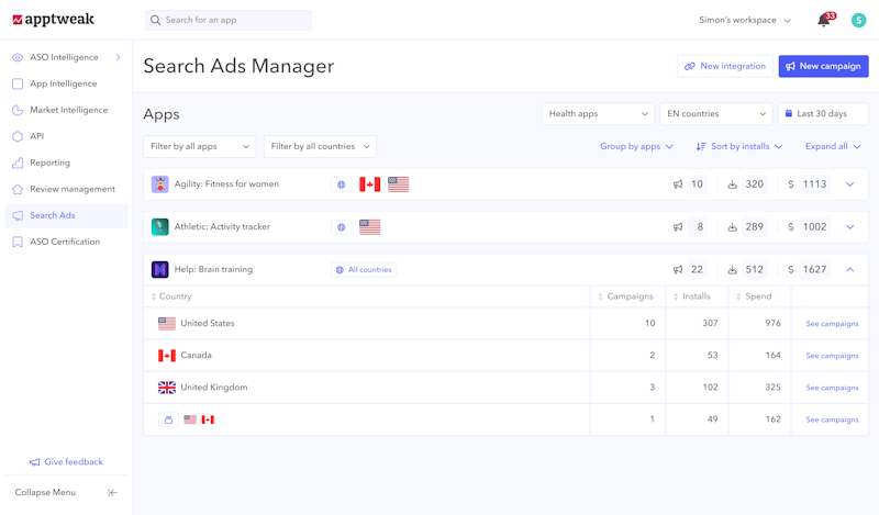 Search Ads Manager product - AppTweak