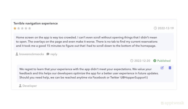 Hopper tactfully addresses the negative review to make the user feel heard and to assure them that the issue will be fixed soon on the US, App Store