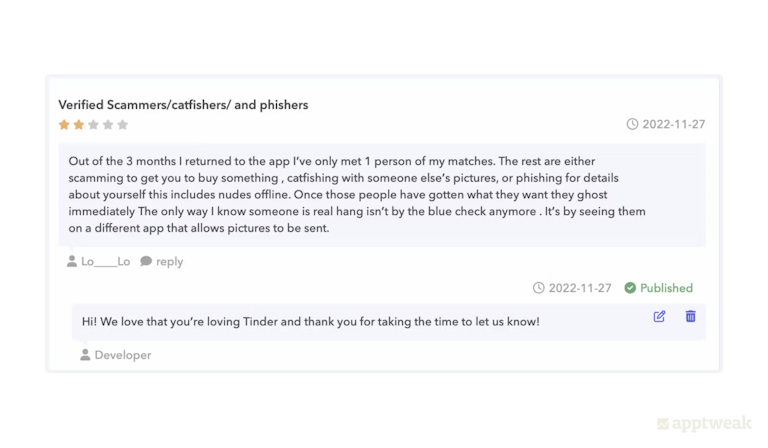 Tinder seems to have given a wrong reply to this negative user review, which could frustrate the user more on the US, App Store