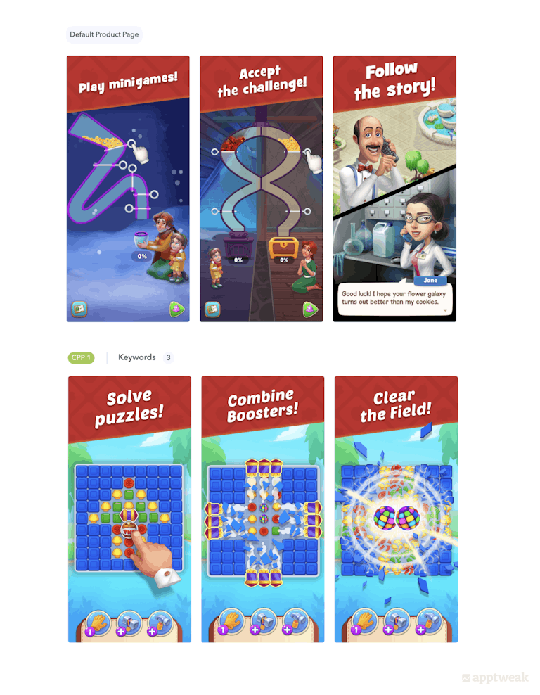 For the keyword candy crush, Gardenscapes decided to create a custom product page that puts the emphasis on match-3 gameplay rather than the variety of gameplays it usually showcases