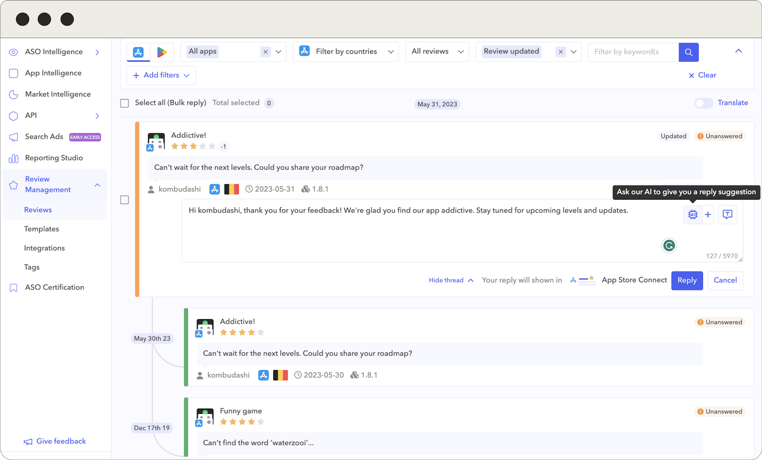 Review Management by AppTweak powered by GPT-4