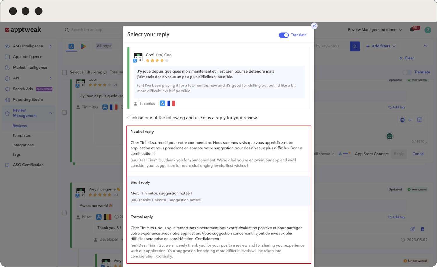 AppTweak review management tool