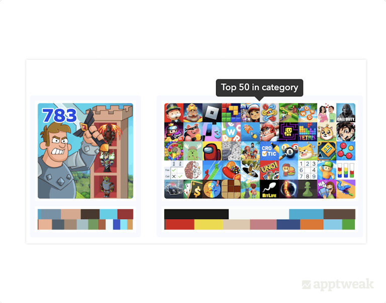 미국 App Store 게임 카테고리 상위 50개 아이콘과 Hustle Castle의 아이콘 색상 팔레트 비교