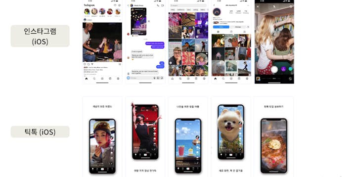 인스타그램과 틱톡의 스크린샷 예시 (App Store, 대한민국)