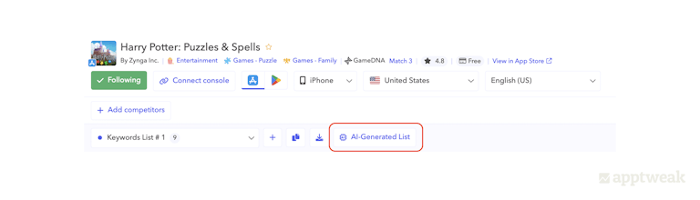 AI-generated list now in your Keyword Research tool on AppTweak