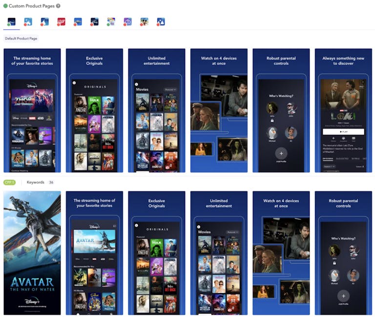 Disney’s custom product page showing Avatar flyers and app screens to users searching for related keywords