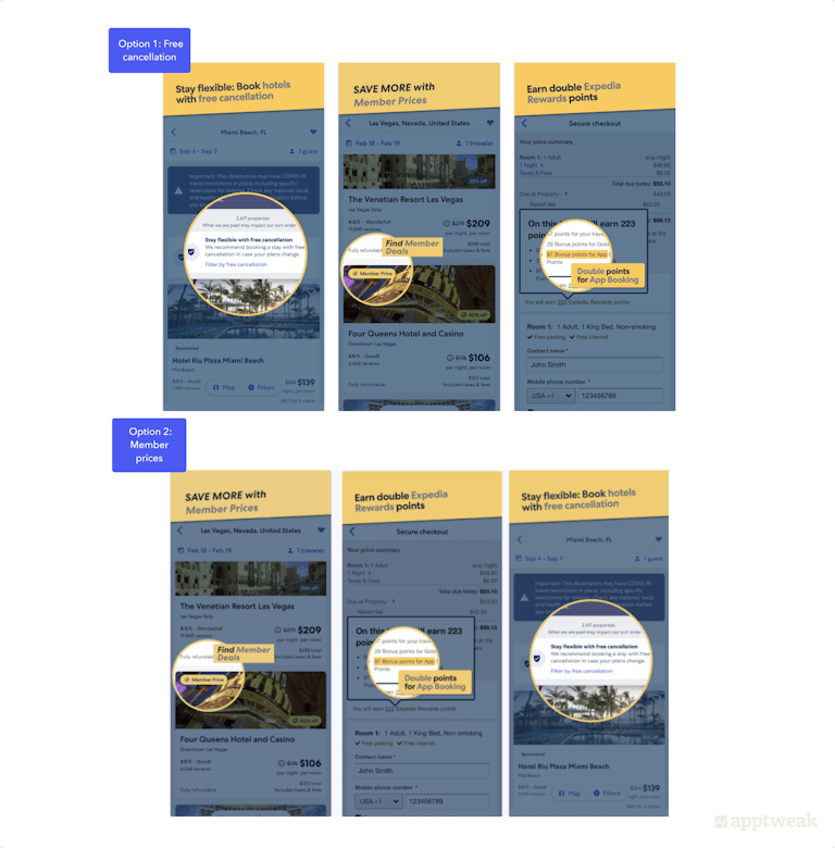 Expedia could A/B test screenshots showcasing different value propositions