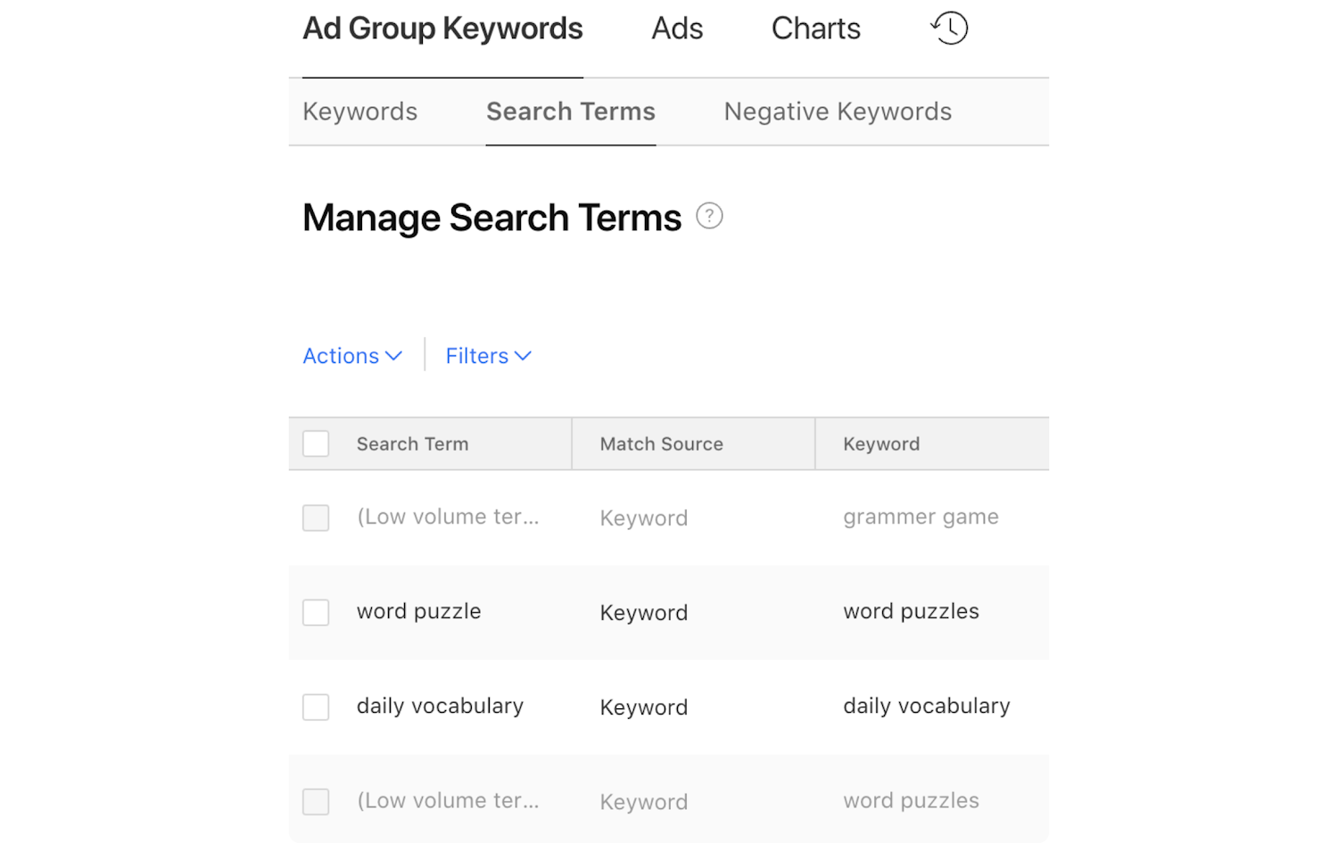 Apple Search Ads search terms