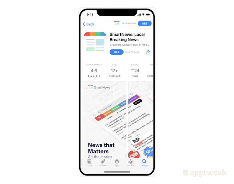 SmartNews is a strong brand in the US, but a lot of people may not be familiar with the app’s functionality, so adding local breaking news to its title not only helps with keyword searches but also with conversion