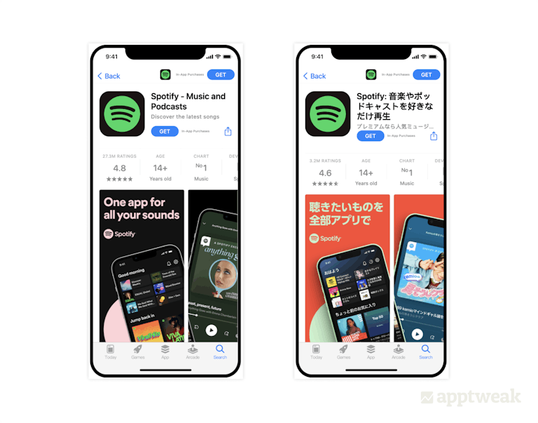 Spotify iOS uses regional artists for the US and Japanese markets as well as different styles and colors to appeal to each market