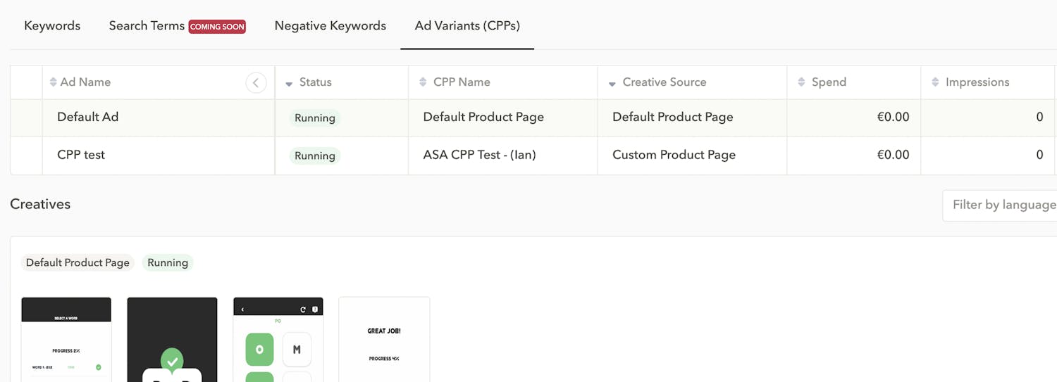 AppTweak Search Ads Manager custom product pages CPP