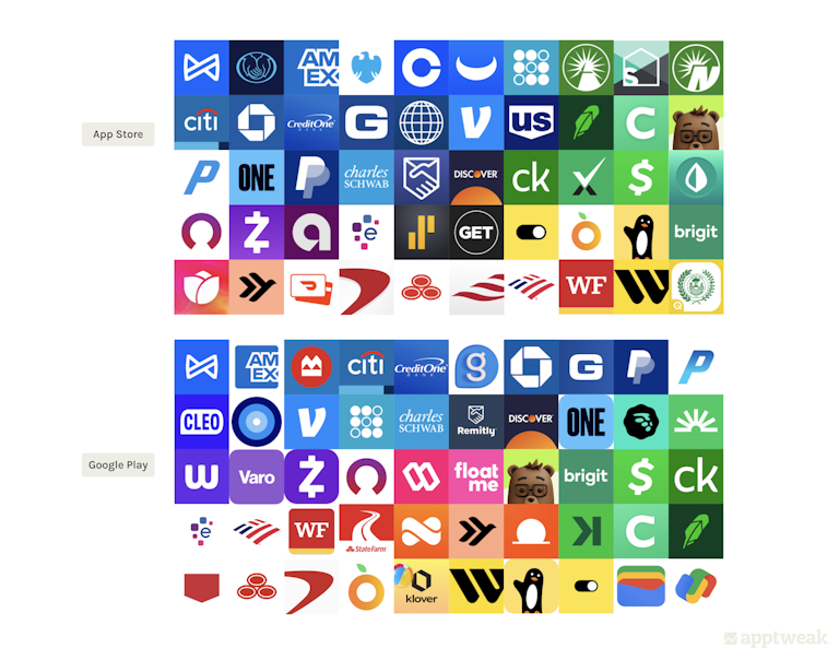 Icons of top 50 Finance apps in the US on the App Store and Google Play