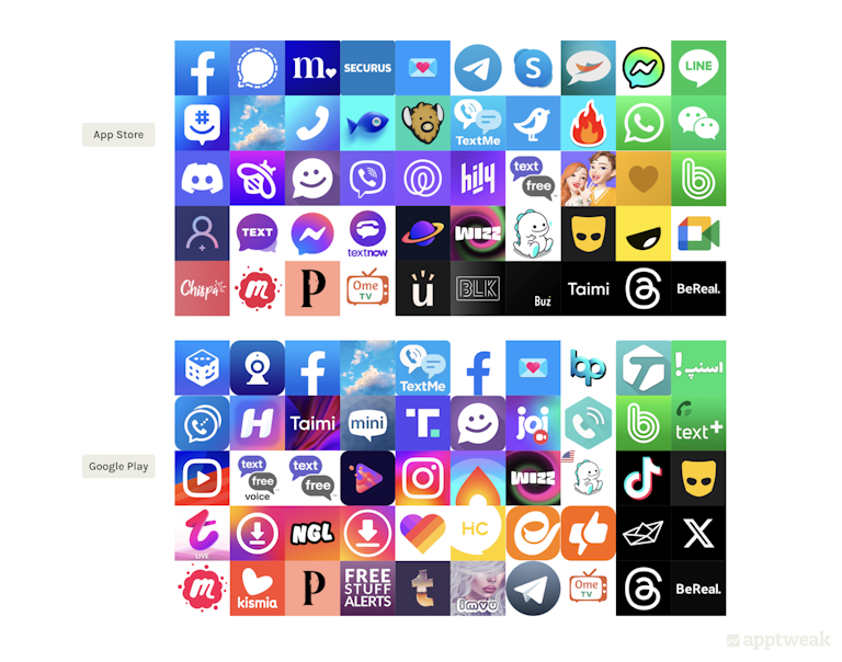 Icons of top 50 Social apps in the US on the App Store & Google Play