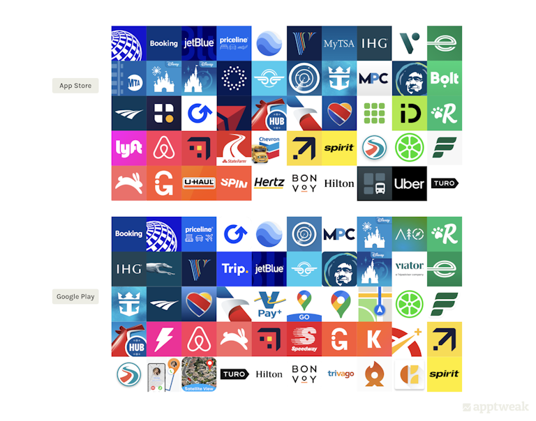 Icons of top 50 Travel apps in the US on the App Store & Google Play