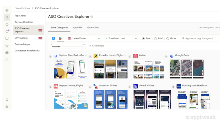 Compare the top-performing apps’ screenshots with AppTweak’s ASO Creatives Explorer