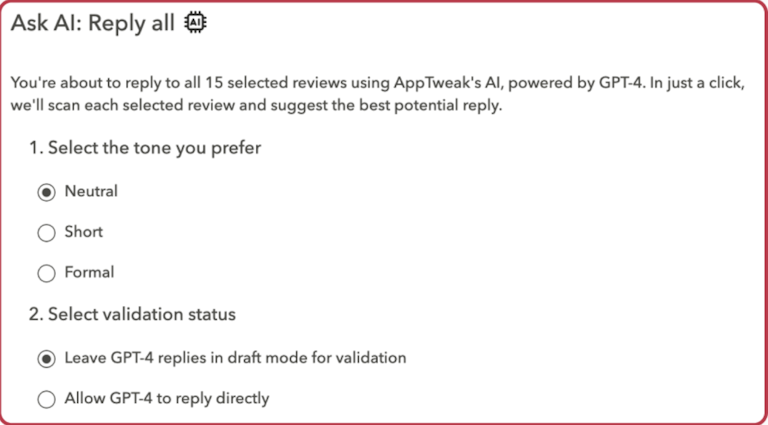 Leverage GPT-4 & bulk actions to provide faster support with App Reviews Manager.