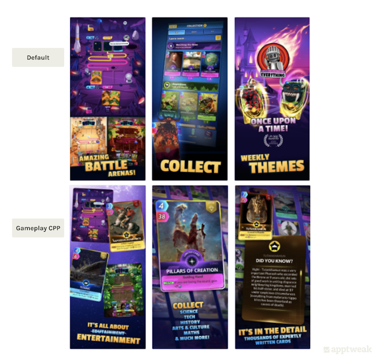 Cards, Universe & Everything highlight their unique gameplay elements by using CPPs containing detailed card art images and extended screenshot copy