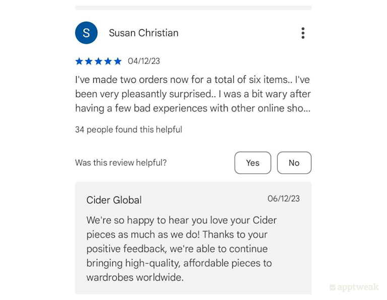 CIDER appreciates the user's positive review and notes that such feedback motivates them to continue delivering excellent products
