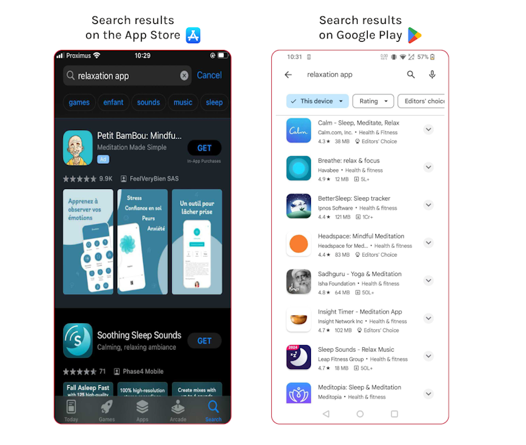 Example of App Store search results vs Google Play search results