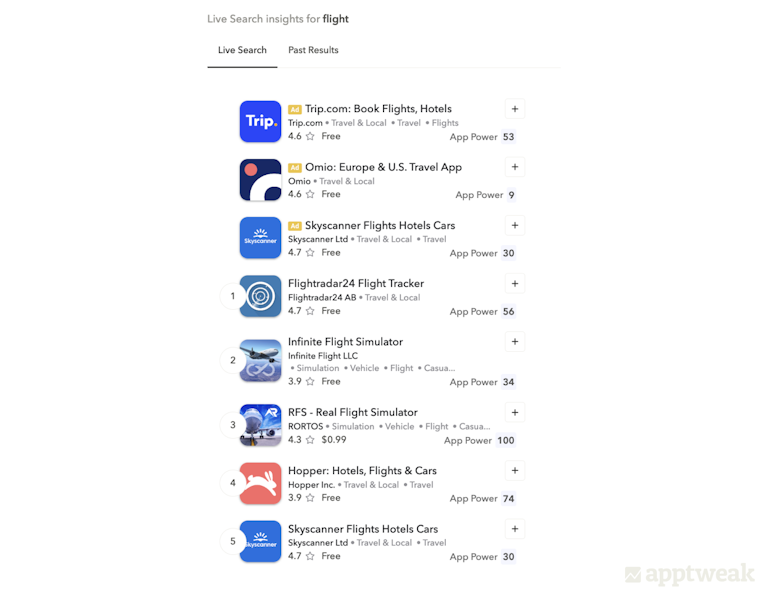 Live search results for "flights" on the US Google Play Store reveal that the top 5 apps are predominantly focused on flight-booking services