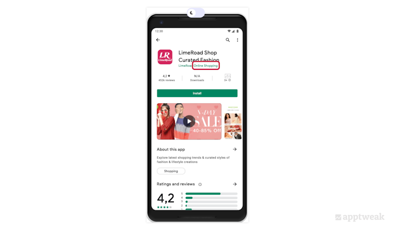 By targeting the keyword “online shopping” in its developer name, the shopping app LimeRoad has a good chance to rank for that keyword in Google Play search results