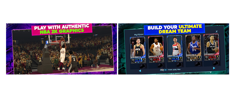 NBA 2K’s screenshots incorporate neon colors against a dark background, clearly highlighting the arcade nature of the game. The text is also very bright and has a good color contrast against the dark background, so it's easy to read.