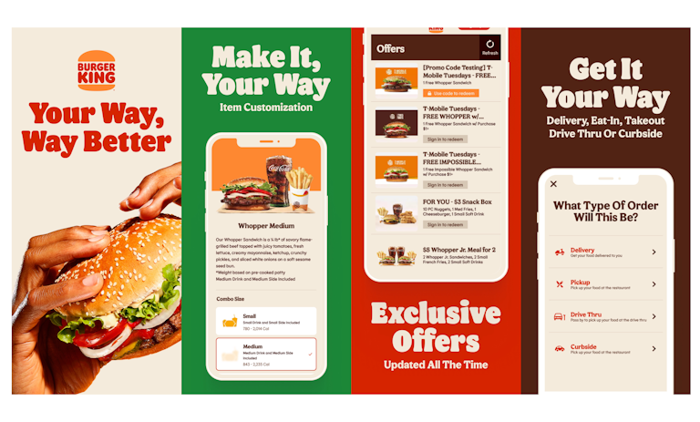 Burger King uses clear and engaging screenshots in their app, with each one focusing on a single feature or benefit. The text is easy to read on small screens, and they include in-app imagery to showcase each feature or benefit they're highlighting.