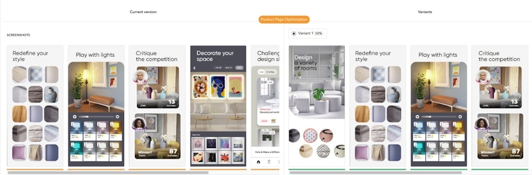 Redecor did an A/B test to rearrange its screenshots, showcasing gameplay features more effectively. The tested variant outperformed and was quickly established as the main visuals following the test