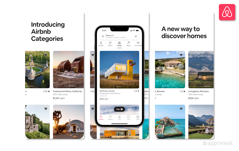 Airbnb는 연결 방식을 통해 첫 3개의 스크린샷을 연결하여 더 많은 컨텐츠를 보여주고, 앱 스토어 방문자들이 스크롤하도록 유도합니다. 이 정보는 AppTweak에서 제공된 것입니다.