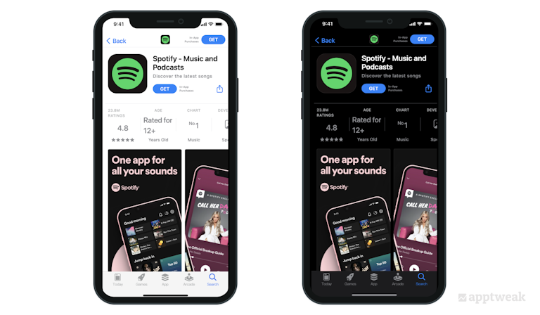 Spotify optimizes their screenshots for dark mode, thereby improving store visitors’ experience