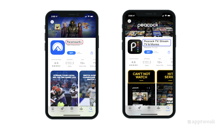 Peacock includes the generic keywords stream, tv, and movies in their title to increase the chances of appearing on a search