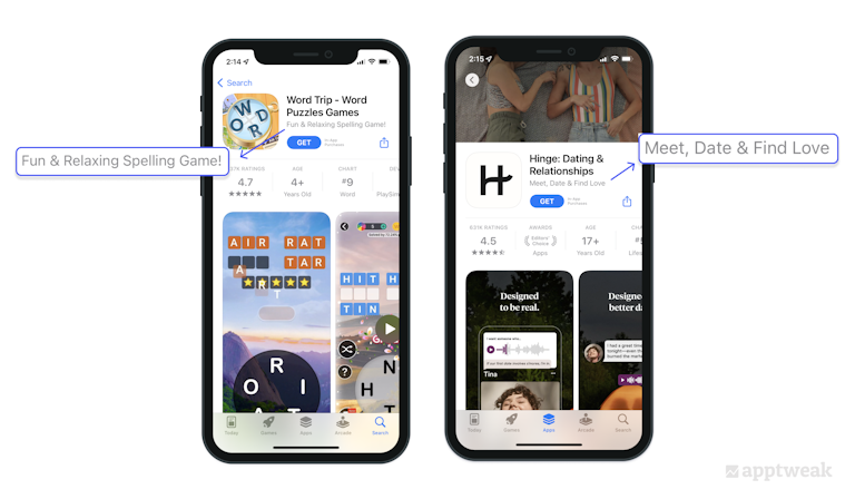 Word Trip and Hinge portray the value proposition of the app with their app subtitles
