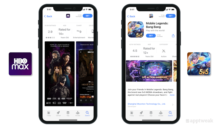 HBO Max promises iconic characters and the movies and/or series associated with them in their screenshots, while Mobile Legends shows competitive and cooperative gameplay in theirs